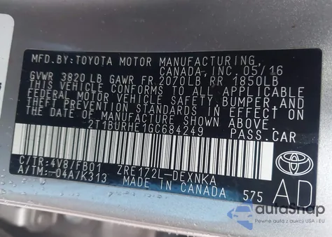 2016 Toyota Corolla Le z USA, uszkodzony, nr VIN 2T1BURHE1GC684249